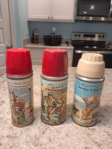 Lot of 3 Western Thermos for Lunch Box * DAMAGE READ* Davy Crockett , Roy Rogers