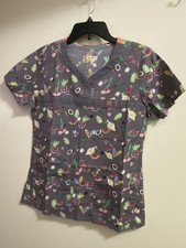 Wonder Flex Womens Scrubs Scrub Top S Small 36  Dark Gray Fruit Fruits Print