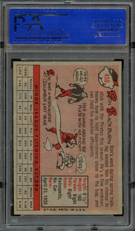 BB - 1958 - Topps - #459 - Ron Blackburn - PSA 8 - NM-MT - Image 2 of 2