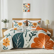 King Quilt Bedding Set,White Orange Botanical Pattern Beige King/Cal King Qui...