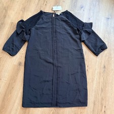 NWT H HALSTON Black Lace Ruffle Sleeve Shift Dress Pleated Front Small