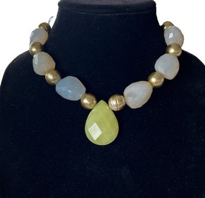 Artisan Lime Green Chalcedony Necklace  Grey Blush Faux Pearl 925 Silver Toggle