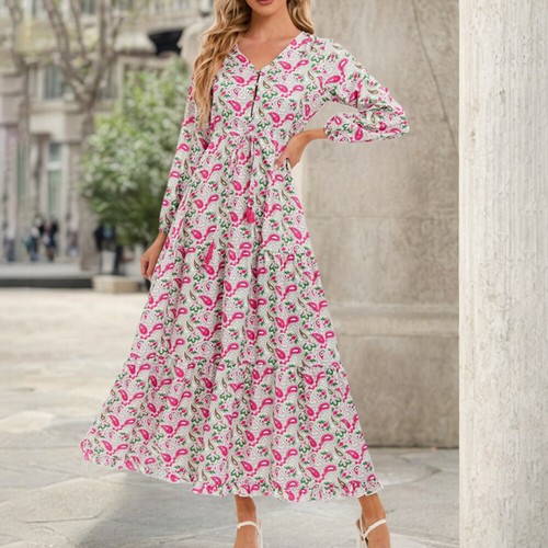 Damen Drucken Boho Partykleid Maxikleid V-Neck Herbstkleid A-Linie Freizeitkleid - Bild 16 von 28