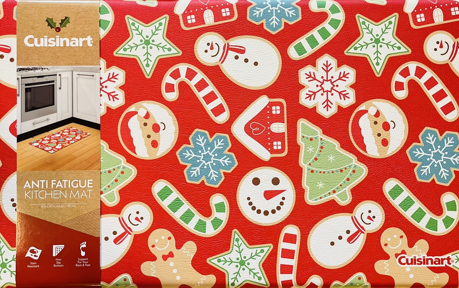 Cuisinart Holiday Anti-Fatigue Kitchen Mat 18x30 Santa Snow Candy Cane Red