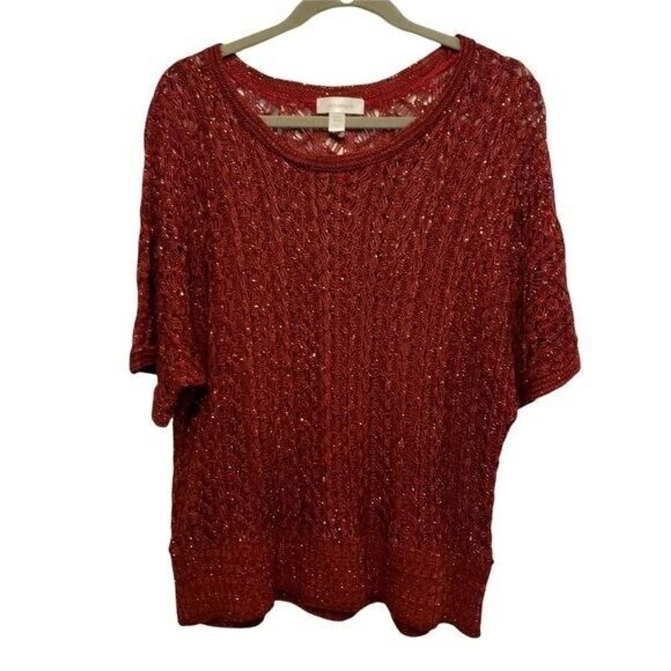 Dressbarn Womens Sz 14 Pink Red Solid Short Sleeve Knitted Blouse - Image 4 of 4