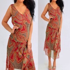 Los Angeles Gal Burgundy Red Gold Metallic Beige Sleeveless Chifon Dress 8 M