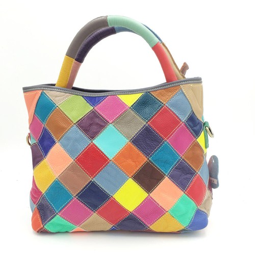 Multicolor Patch Real Leather Raw Edge Tote Shoulder Bag Purse Crossbody Handle - Picture 12 of 13
