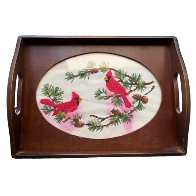 Vintage Wooden Tray with Cardinals Embroidered Snow Scene The Creative Circle