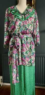 Vintage 80er Diane Pommes Seide Palazzo 2-teiliges Set sehr guter Zustand Schmuckfarben Pailletten