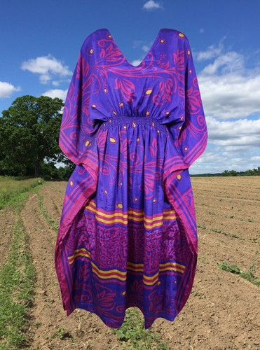 Women Boho Beach Kaftan Violet Purple Floral Maxi Caftan Coverup Dress L-2XL