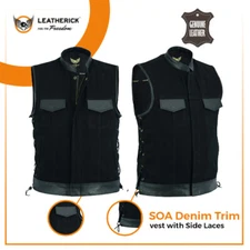 Leatherick Men's SOA Black Denim Leather Vest Motorcycle Bikers Club Gun Pockets