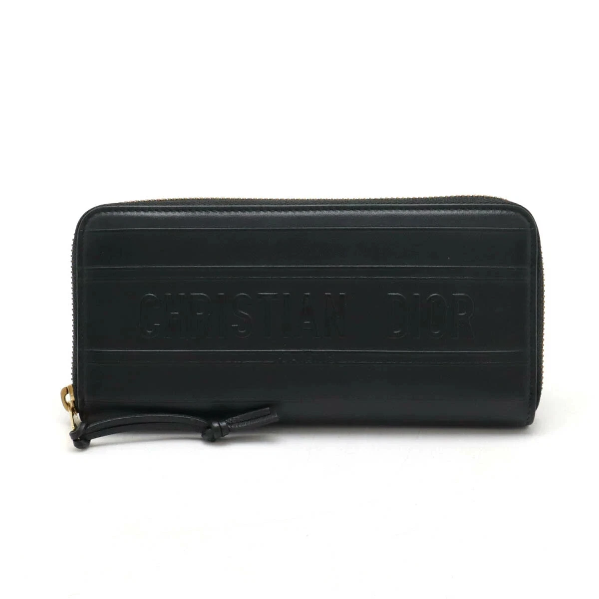 Portefeuille long Christian Dior logo en relief zippé autour cuir noir avec boite authentique