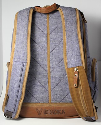 ‘BONDKA Jigsaw Backpack BONDKA Jigsaw Backpack, Unisex Blue Canvas, Brown Leather 7  main image 4