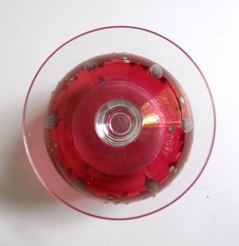 Vintage Hand Painted Cranberry Ball, Ruffle Edge Glass Vase Elegant 6" Height - Picture 4 of 8