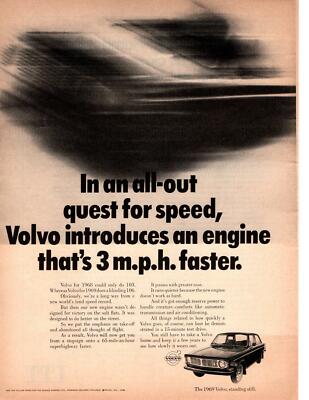 1969 Volvo 106 Miles Per Hour Top End Speed Blue ''Quest For Speed'' Print Ad
