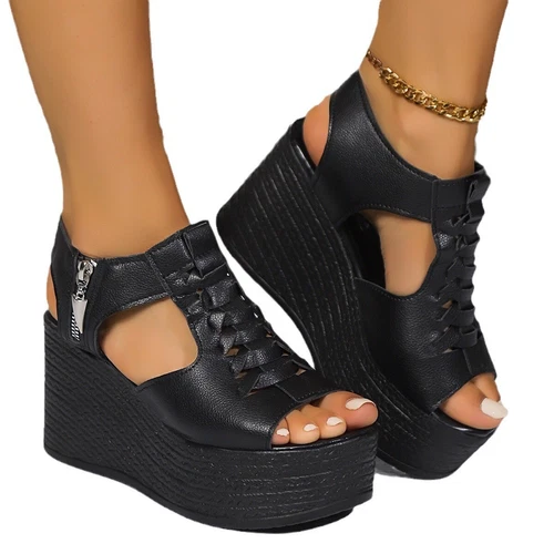 Sommer Damen Gothic Peeptoe hohe Keilabsatz Fersenriemen Schuhe Plateau Sandalen - Bild 7 von 17