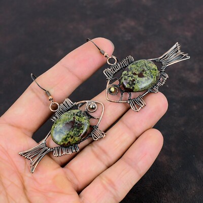 Gift For Her Dragon Bloodstone Wire Wrapped Fish Earrings Copper 2.28''