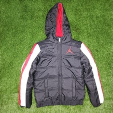 Jordan Jumpman Youth M Puffer Jacket Black Red Fleece Hood 10-12 YRS