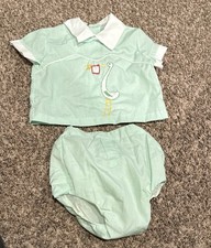 Vintage 80  s Baby 2 Piece Set Outfit Stork Bloomers Size 0-6 Month Embroidered