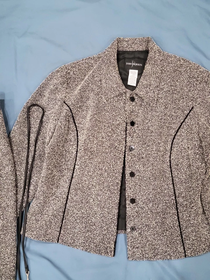 Conjunto de Jaqueta Vintage John Roberts Preto Branco Saia de Tweed Detalhe de Corda Tamanho 16 - Imagem 3 de 4