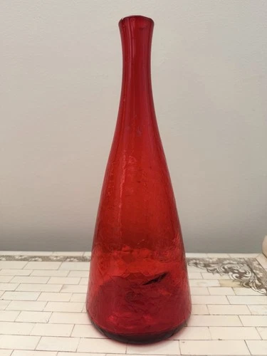 Vintage Red Art Glass Bottle Vase – BLENKO – Hand Blown – No Label