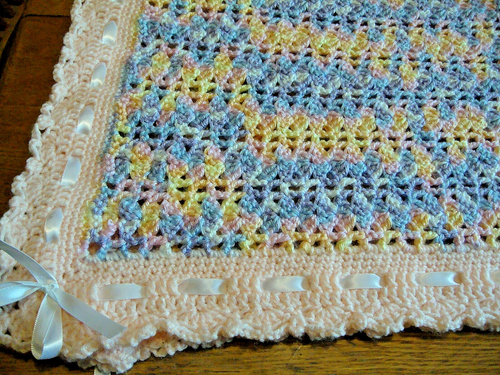 New Handmade Peach w/Multi-Color Knit Crochet BABY Blanket 24" x30" Soft 249 - Picture 6 of 6