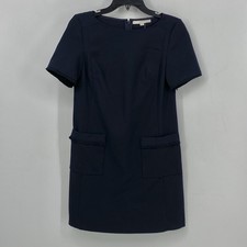 Loft Navy Shift Knee Length Dress Size 00 Fringe Zip Closer Pockets Short Sleeve