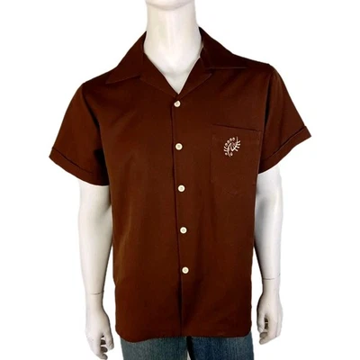 COASTLINE Fashions vintage mens OS shirt brown embroidered 60s Surfers Paradise - Image 1 of 4