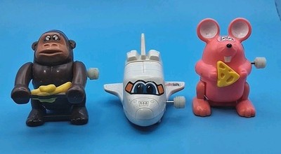 Vintage Wind Up Toys Lot Of 3 Mixed TOMY Pink Mouse Monkey Spaceship