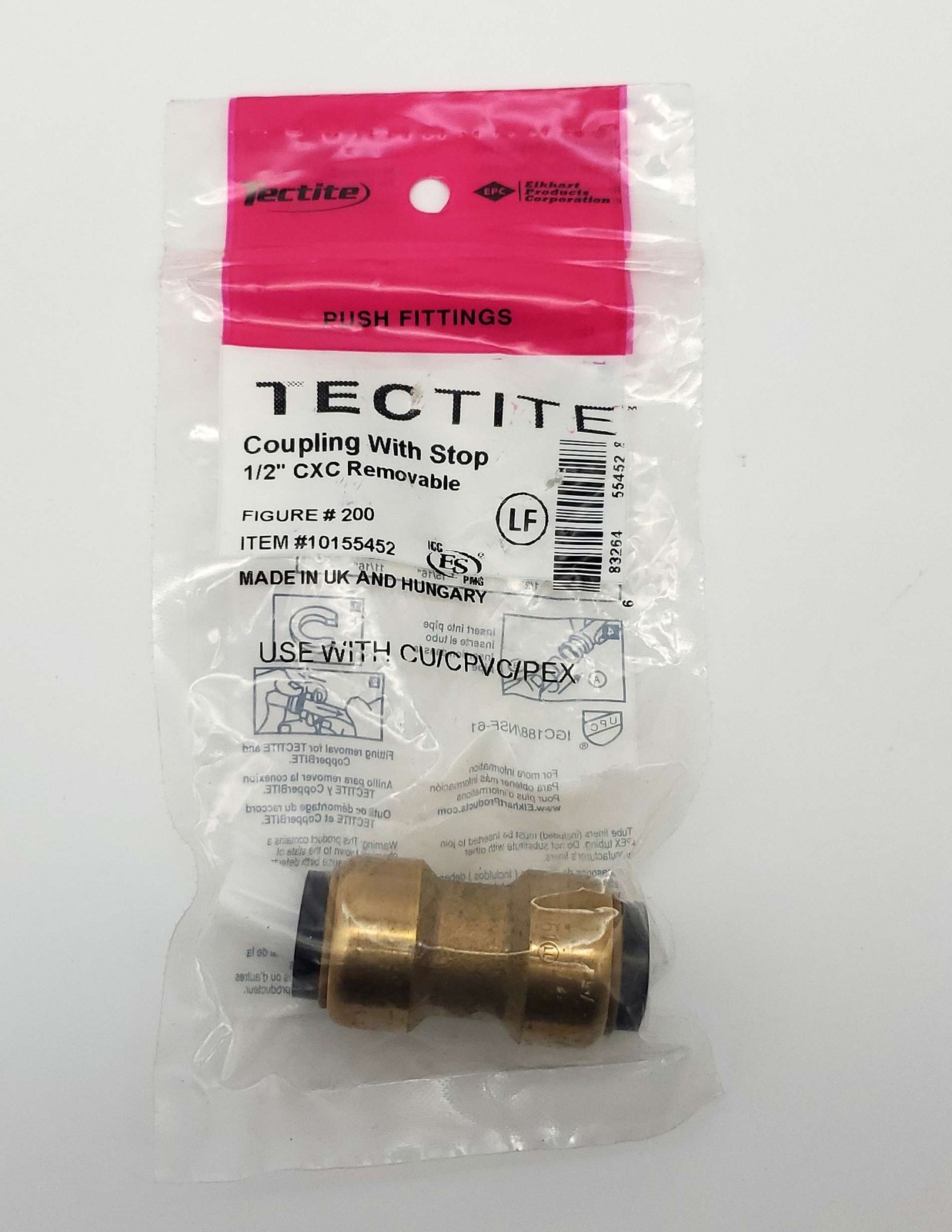 Tectite 10155452 1/2" Push Fit Coupling Copper x Copper by Elkhart
