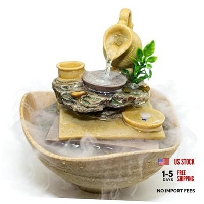 Tabletop Water Fountain Indoor Tea Pot Waterfall Decor with LED Light &