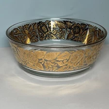 Georges Briard Large Gold Floral Serving Bowl  Glass MCM 8.5" x 3" EXC