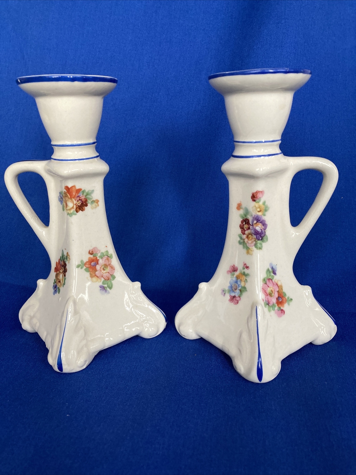 Candlestick Holders 6" Pair Floral Ceramic Cottage Farm Czechoslovakia Vintage