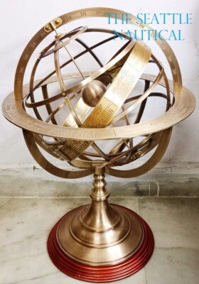 Vintage Brass Astrolabe Working Armillary Engrave Sphere Globe With Wooden Base