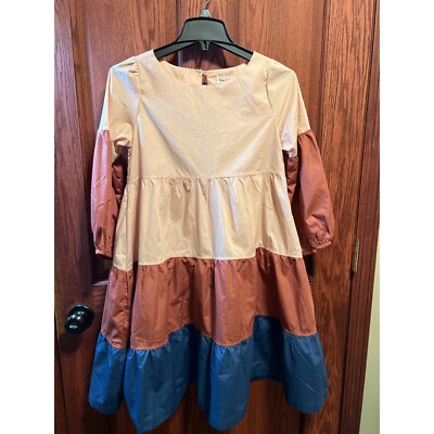 Aaron & Amber Tiered Dress Casual Multi Color Tunic Long Sleeve Dress M