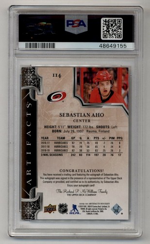 2019-20 Artifacts Black #114 Sebastian Aho Auto 2/5 PSA 9 Mint 9155 - Picture 2 of 2