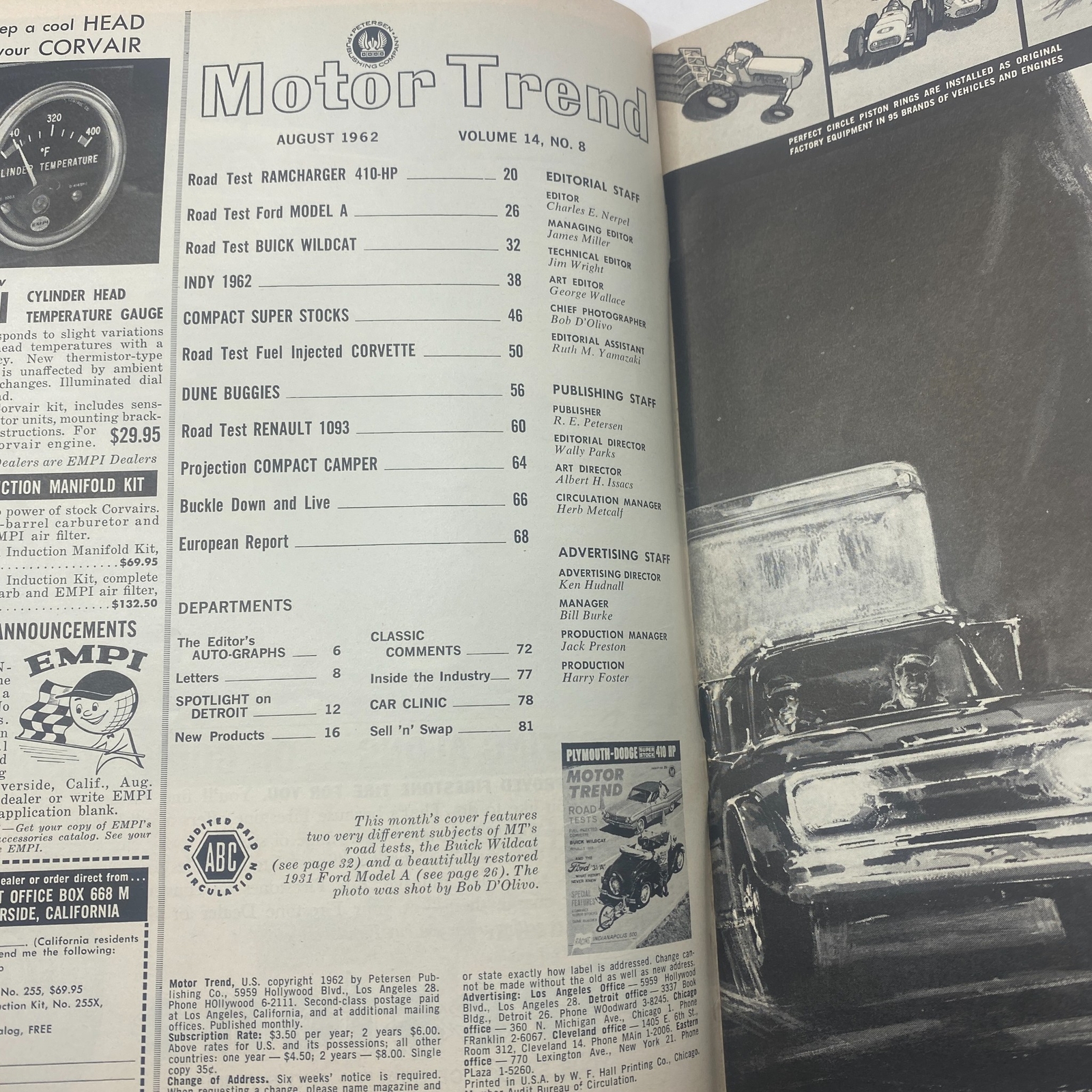 VTG Motor Trend Magazine August 1962 Racing Indianapolis 500 No Label VG