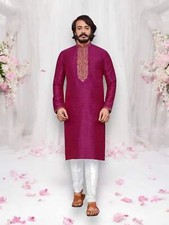 Dark Pink Color Designer Party Wear Traditional Art Silk Kurta with Pajama  Ethn