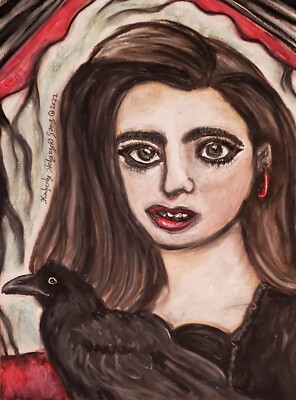 Girl with Crow Woman Art Print 5x7 Signed by Artist KSams Gothic Fantasy 90s