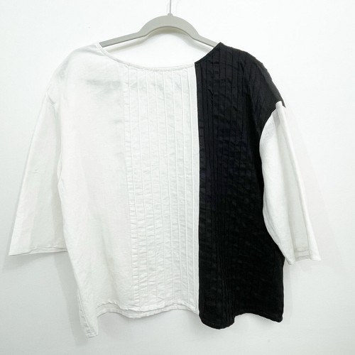 Peck & Peck Linen Top Blouse Large Color Block Pintuck Pleats Boxy Fit - Picture 4 of 6