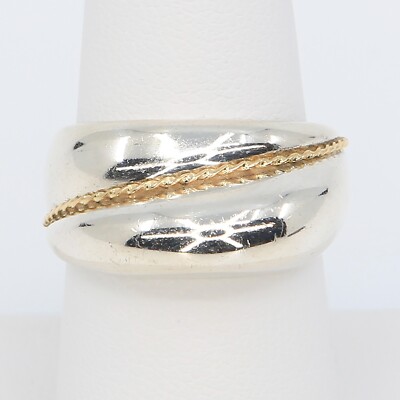 Vintage Chunky Sterling Silver With 18K Gold Twisted Rope Ring Size 6.75 1980s