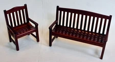 Lot of 2 Vintage Dollhouse Miniatures-Chair and Bench, Walnut
