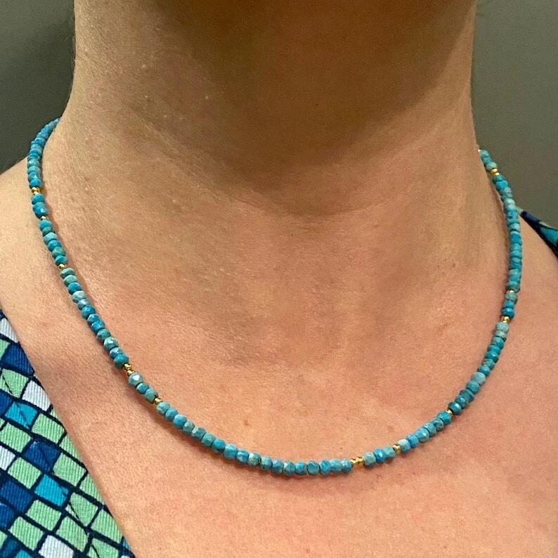 A++ Natürlicher Türkis facettierte Rondelle Edelstein Gold gefüllt Perlen Hal... - Bild 3 von 4