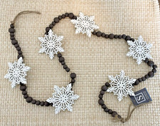 White snowflake  Brown bead garland, wood  jute, 48" long, NWT