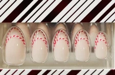 Red Aspen Press On Medium Almond Candy Cane French Peppermint Payson❤️