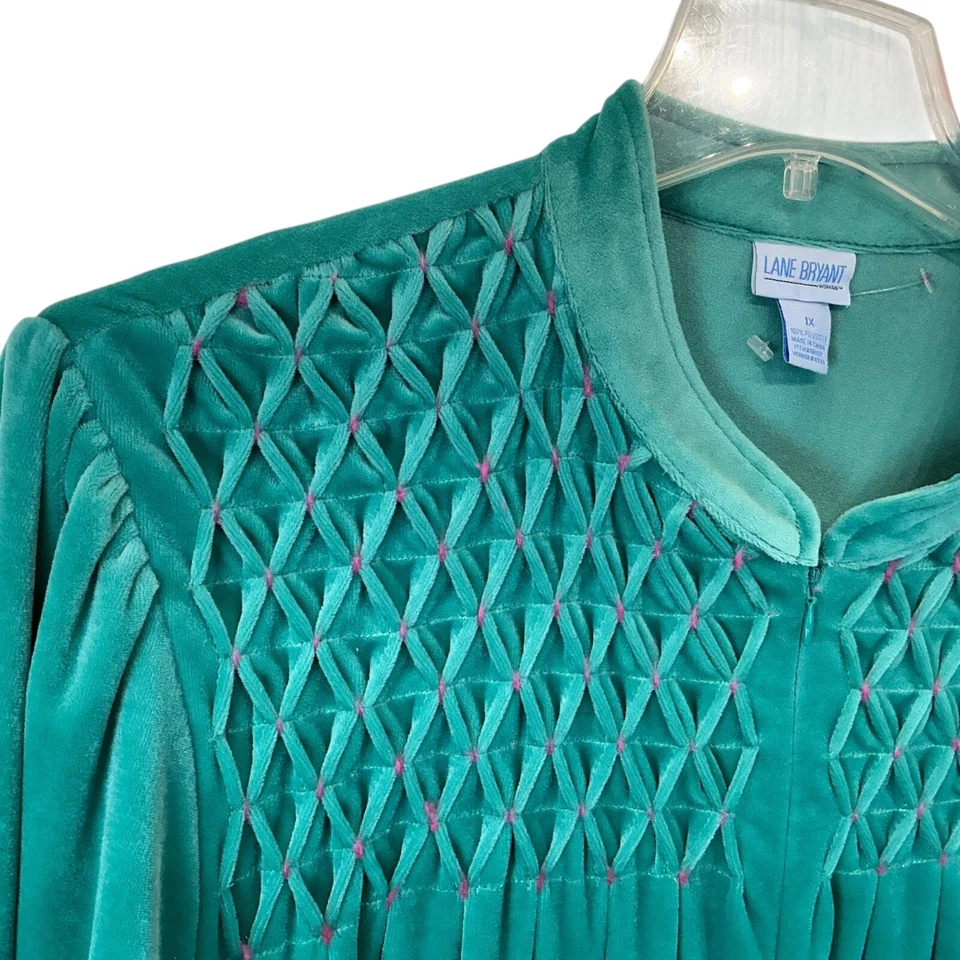 1 X Lane Bryant дом пальто халат Sz 1xl бирюзовый зеленый молнии со сборками коттедж 70-х новый винтажный - Изображение 3 из 4