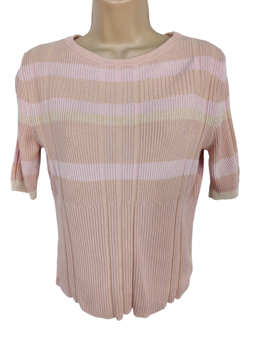 WOMENS LIMITED EDITION UK 10 PINK STRIPED RIB KNIT SHORT SLEEVE JUMPER  SWEATER