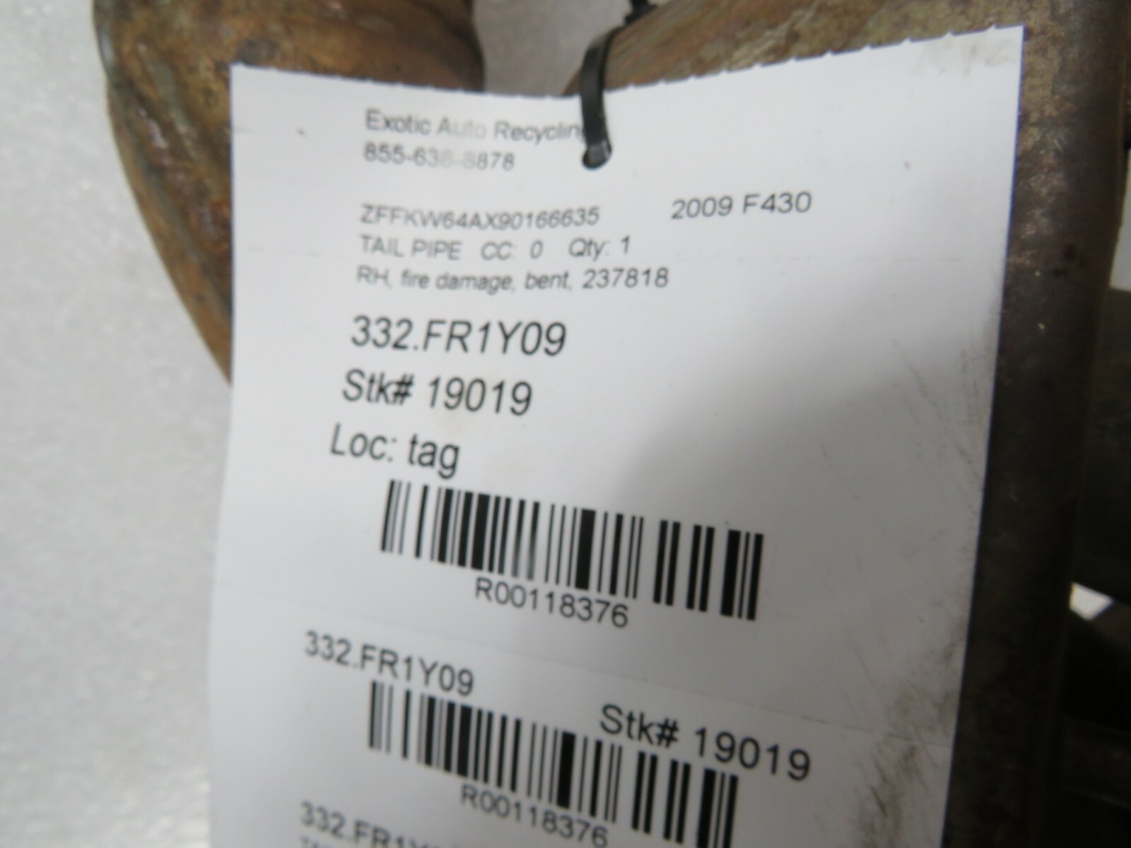 Ferrari 430 Scuderia, RH, Right Exhaust Pipe, Fire Damage, Used, P/N 237818