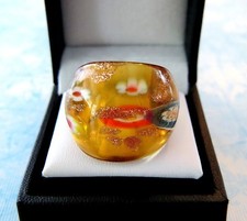 Bohemian Golden Yellow Floral theme Hand Blown Glass Bling Ring size 7.25