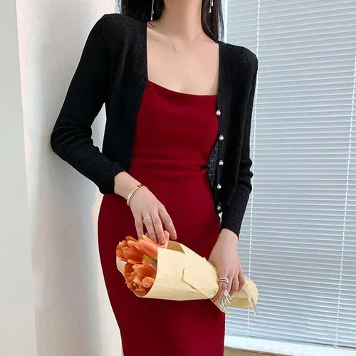 Damen Eis Seide Strick Sommer Shirt V-Ausschnitt Knopf Kurz Pullover Slim Fit Cardigan - Bild 10 von 25